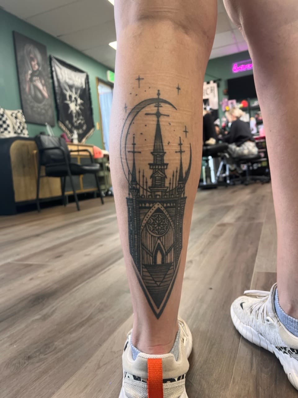 Black & Grey + Gothic cathedral tattoo on Shin by Kneedeep_tattoos on TattMe