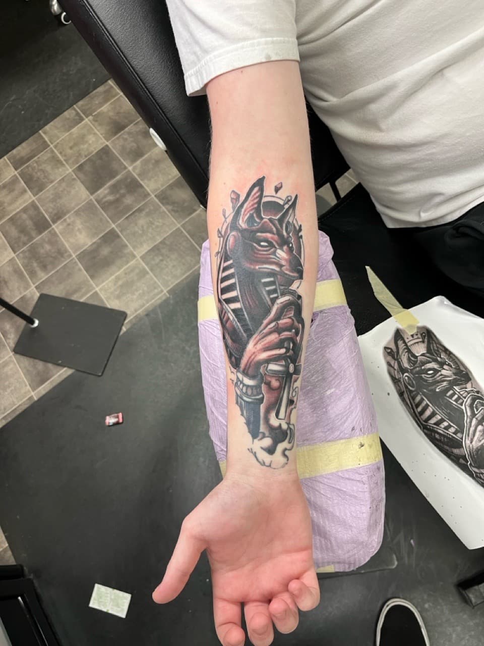 Black & Grey + Color anubis tattoo on Forearm by Kneedeep_tattoos on TattMe