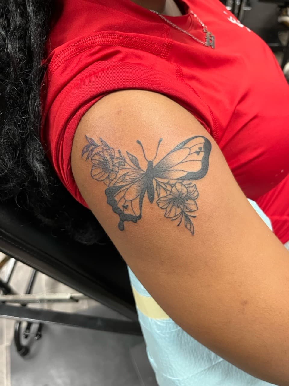 Fine Line + Black-work butterfly tattoo on Upper Arm by Kneedeep_tattoos on TattMe