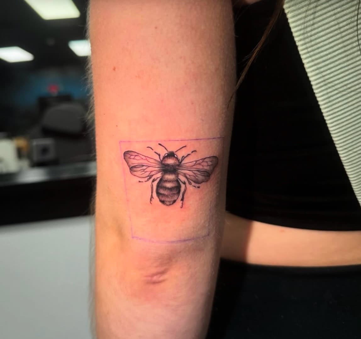 Black & Grey + Illustrative bee tattoo on Forearm by Kneedeep_tattoos on TattMe