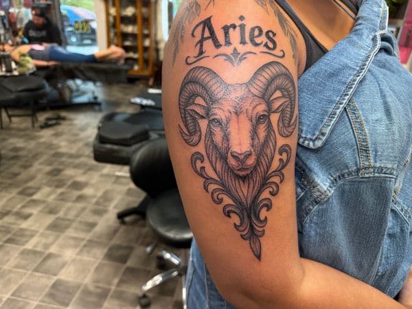 Black & Grey + Illustrative ram tattoo on Upper Arm by Kneedeep_tattoos on TattMe