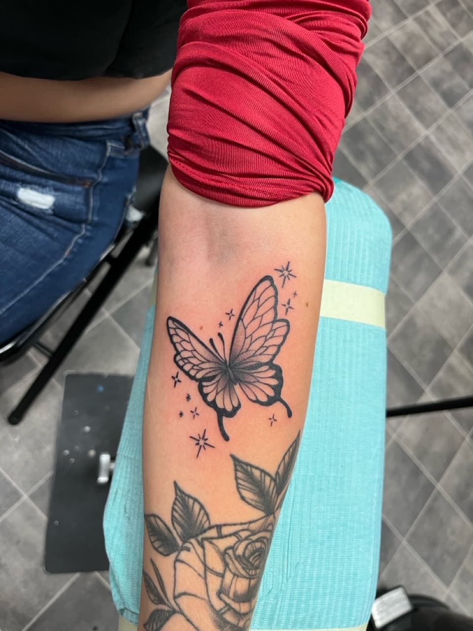 Black & Grey + Fine Line butterfly tattoo on Forearm by Kneedeep_tattoos on TattMe