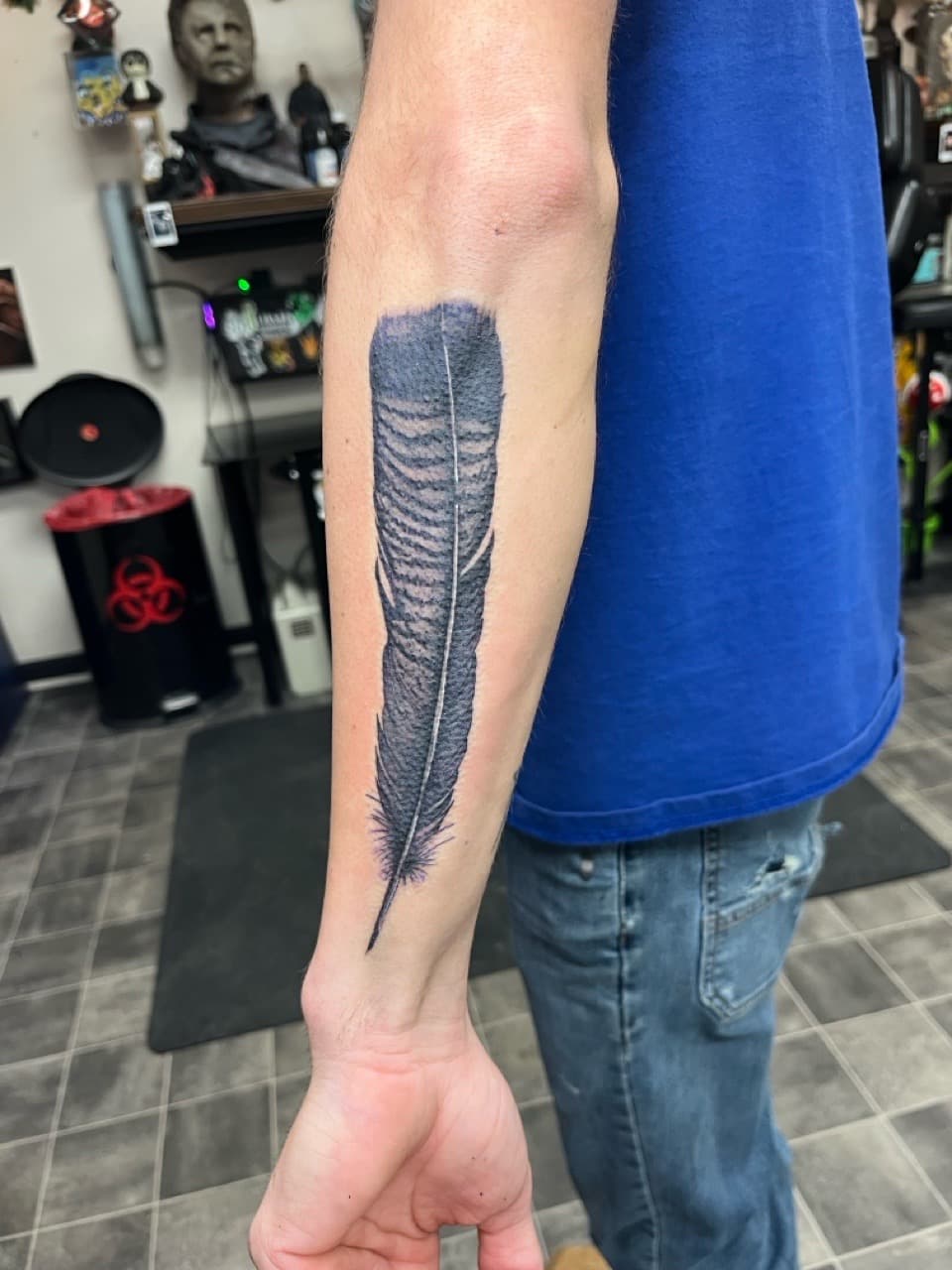 Black & Grey + Realism feather tattoo on Forearm by Kneedeep_tattoos on TattMe
