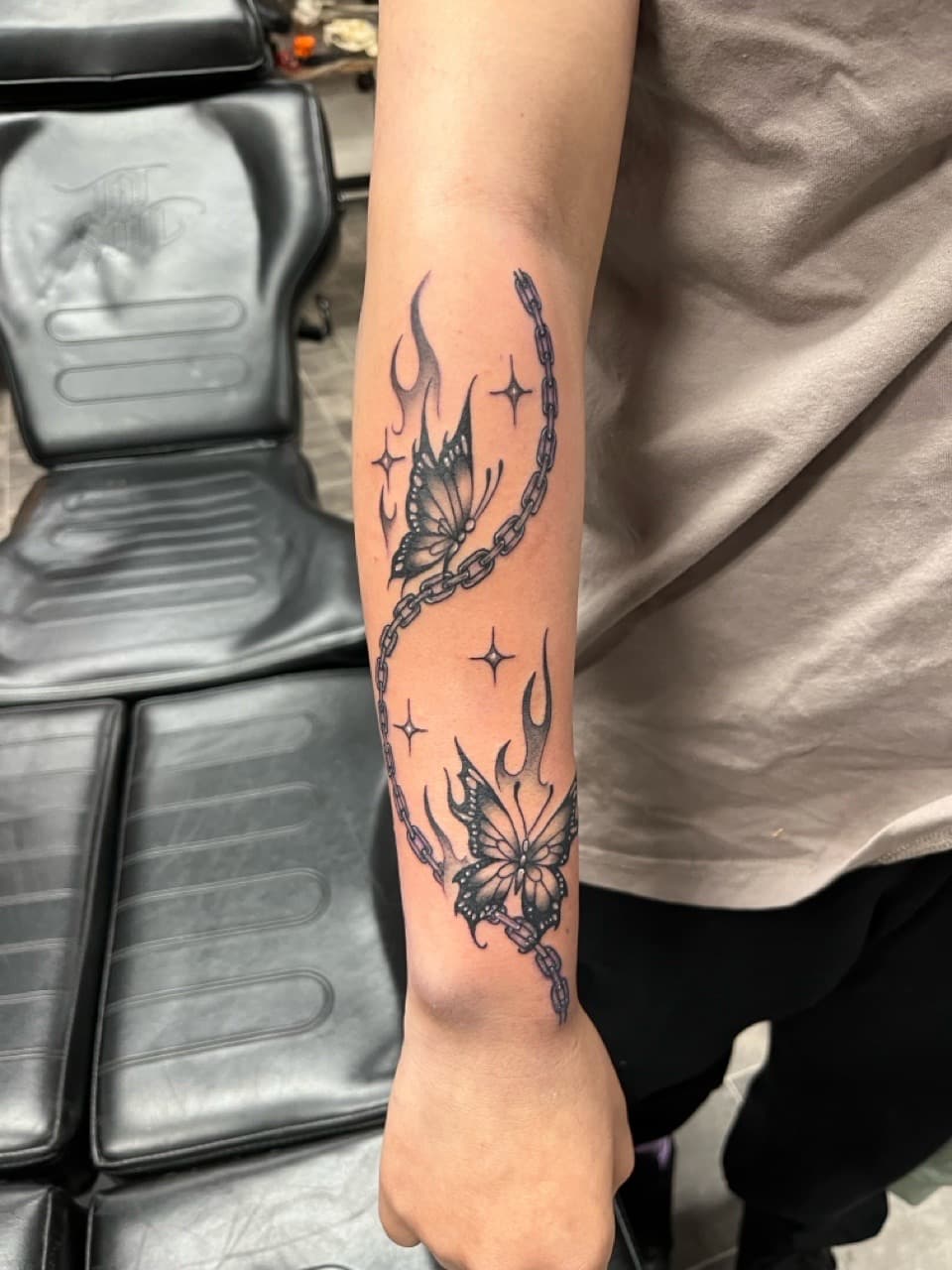 Black & Grey + Illustrative butterflies tattoo on Forearm by Kneedeep_tattoos on TattMe