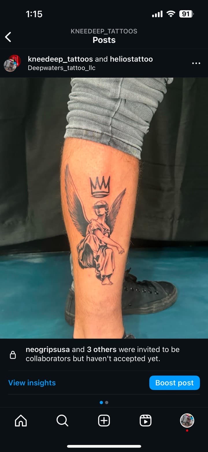 Black & Grey + Illustrative angel tattoo on Calf by Kneedeep_tattoos on TattMe