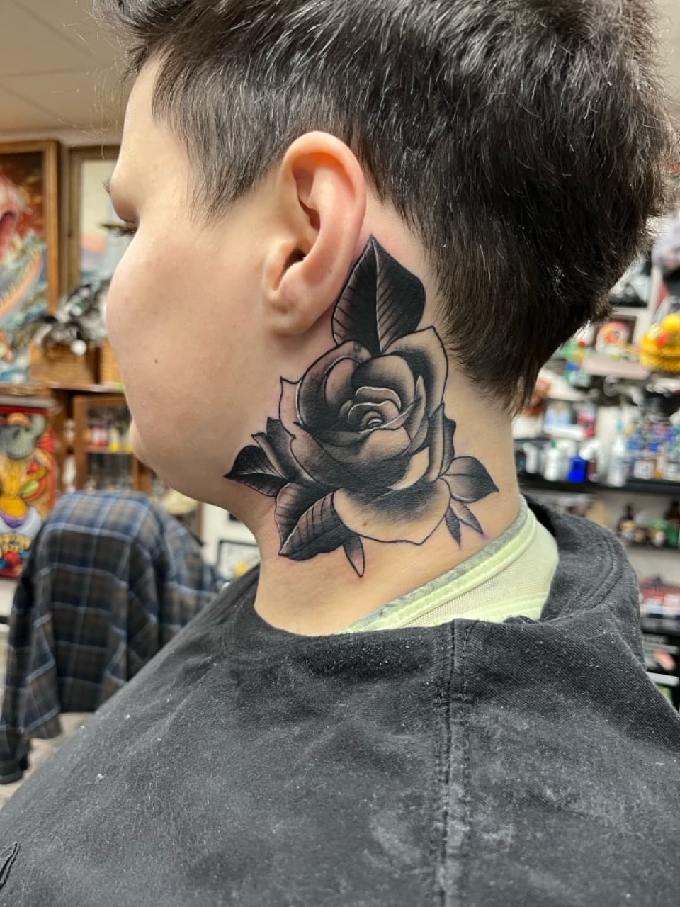 Black & Grey + Floral rose tattoo on Neck (Side) by Kneedeep_tattoos on TattMe