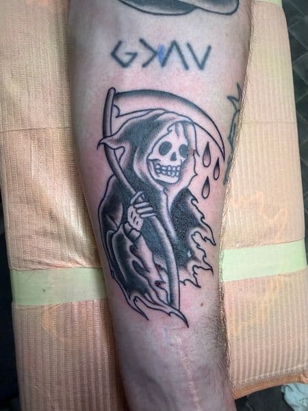 Traditional + Black & Grey grim reaper tattoo on Forearm by Kneedeep_tattoos on TattMe