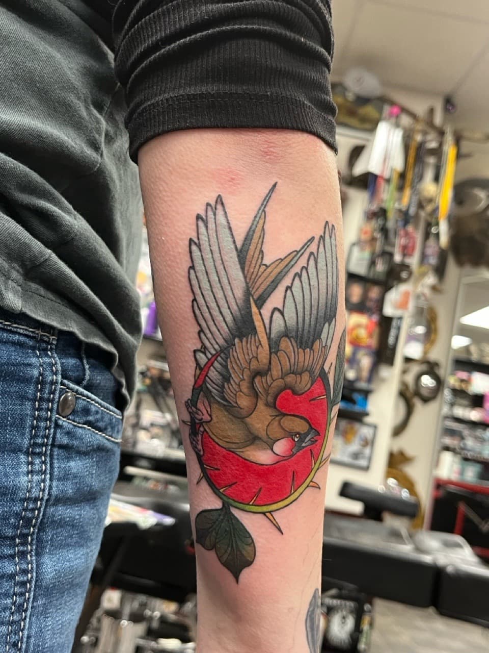 Traditional + American Traditional bird tattoo on Forearm by Kneedeep_tattoos on TattMe