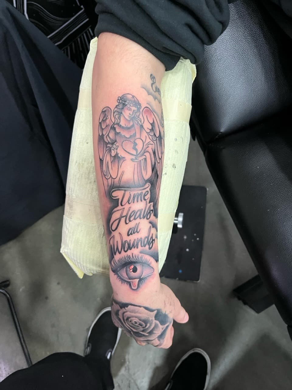 Black & Grey + Illustrative angel tattoo on Forearm by Kneedeep_tattoos on TattMe