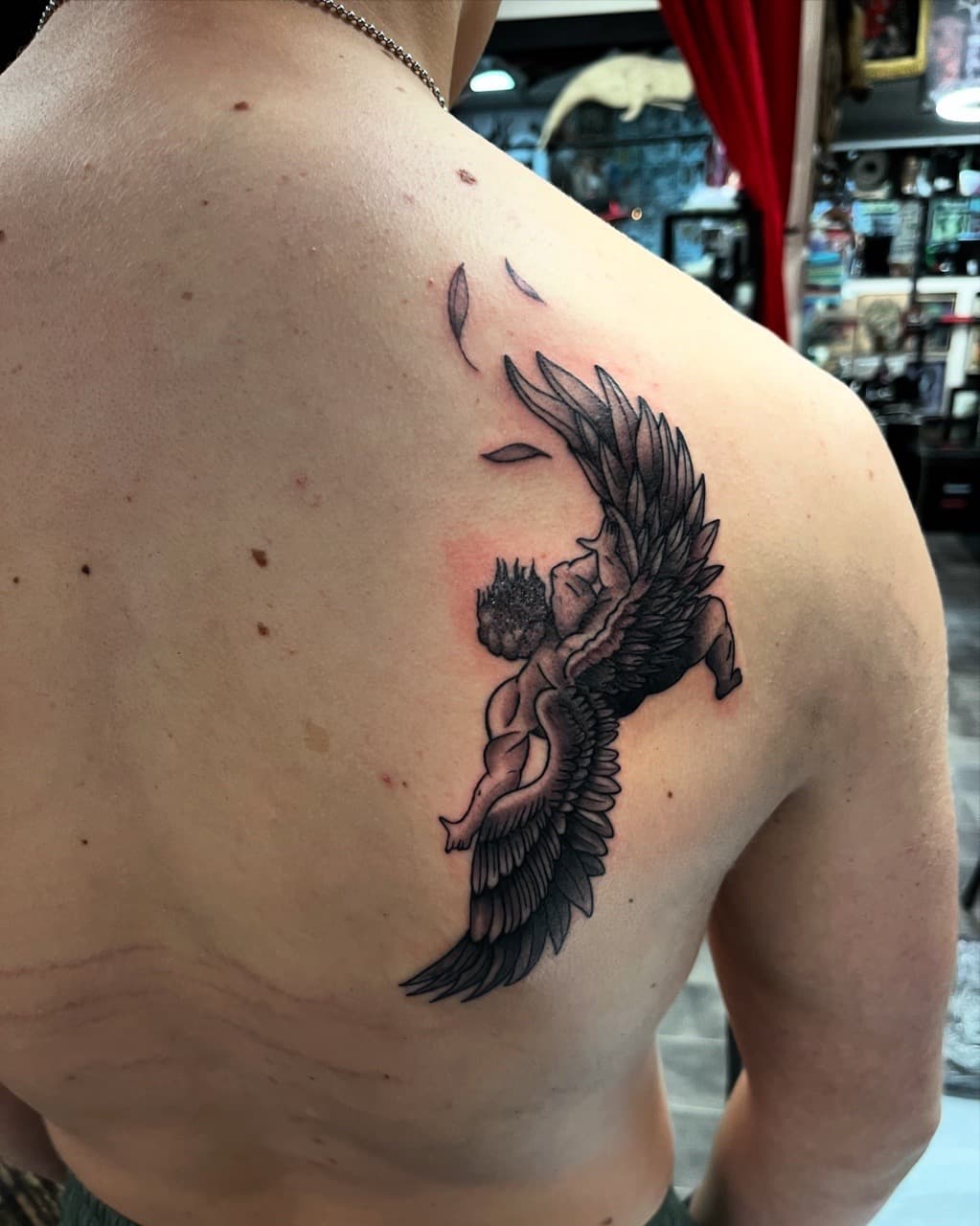 Black & Grey + Illustrative angel tattoo on Shoulder Blade by Kneedeep_tattoos on TattMe
