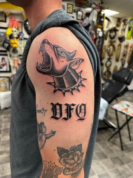 American Traditional + Black & Grey dog tattoo on Upper Arm by Kneedeep_tattoos on TattMe