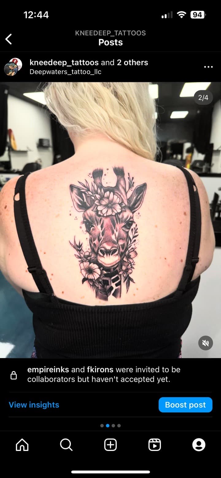 Black & Grey + Illustrative giraffe tattoo on Upper Back by Kneedeep_tattoos on TattMe