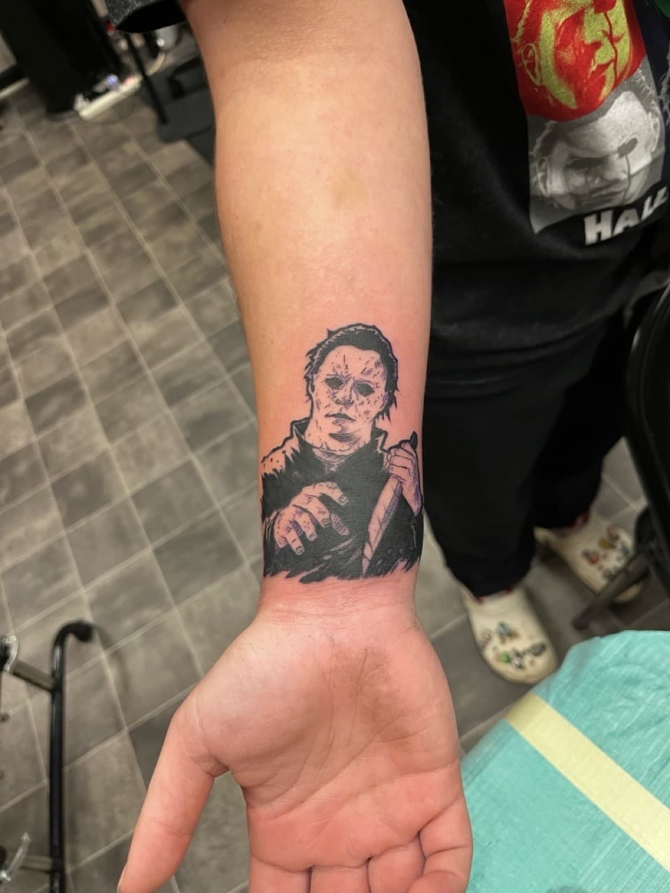 Black & Grey + Illustrative michael myers tattoo on Forearm by Kneedeep_tattoos on TattMe