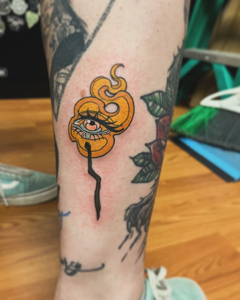 Illustrative + Color eye tattoo on Calf by Kneedeep_tattoos on TattMe