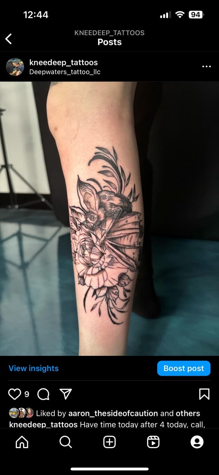 Black & Grey + Illustrative bat tattoo on Calf by Kneedeep_tattoos on TattMe