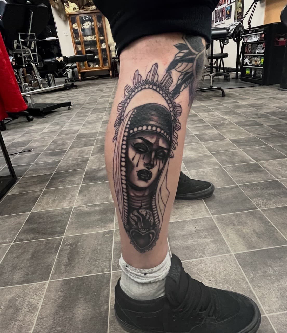 Black & Grey + Illustrative woman tattoo on Calf by Kneedeep_tattoos on TattMe