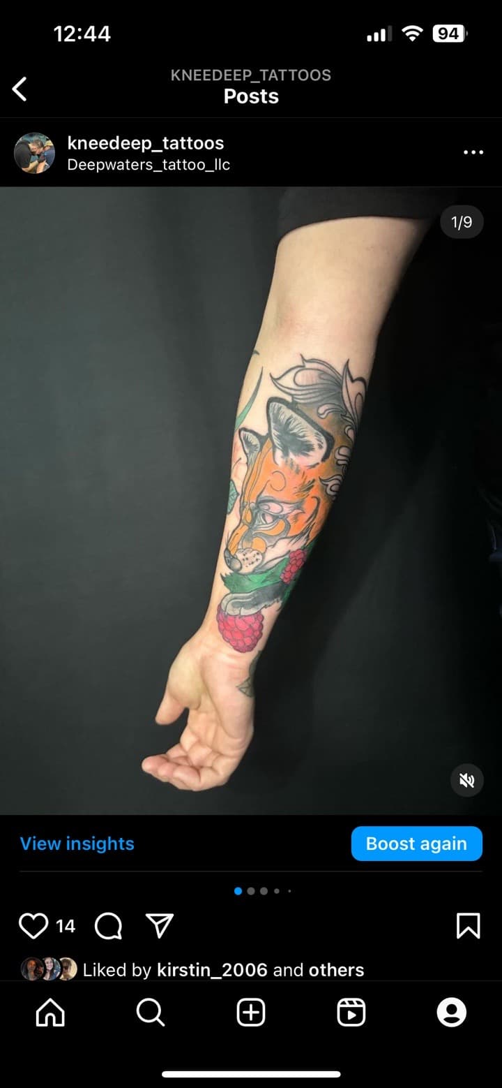 Neo-Traditional + Illustrative fox tattoo on Forearm by Kneedeep_tattoos on TattMe
