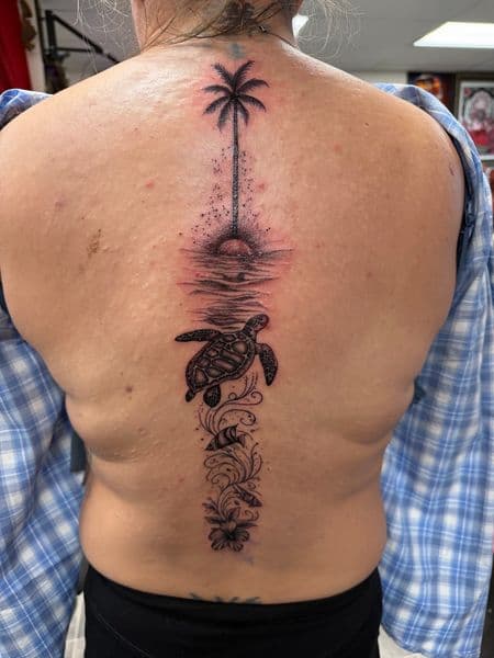 Black-work + Dot-work palm tree tattoo on Spine by Kneedeep_tattoos on TattMe
