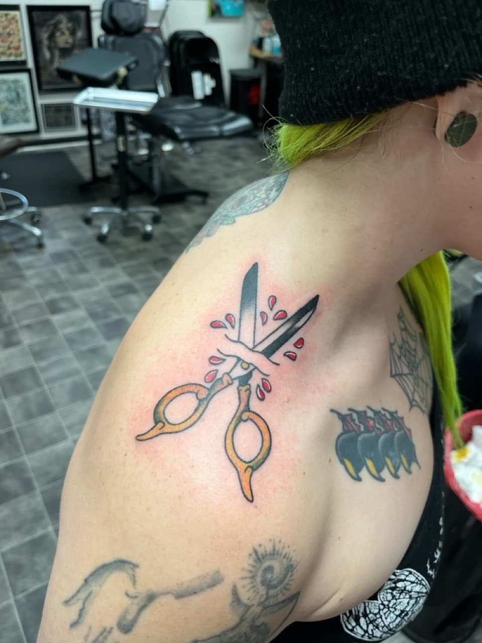 American Traditional + Traditional scissors tattoo on Shoulder by Kneedeep_tattoos on TattMe