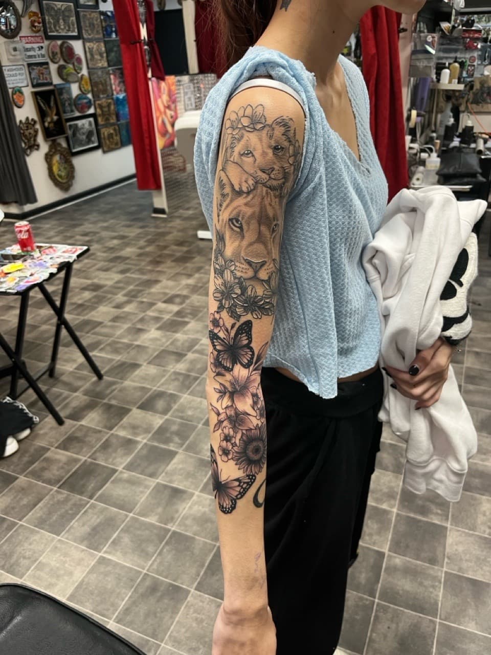 Realism + Black & Grey lion tattoo on Full Sleeve by Kneedeep_tattoos on TattMe