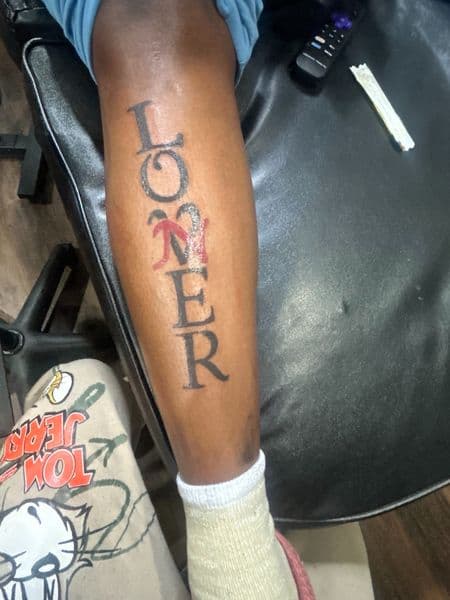 Lettering + Black-work lettering tattoo on Shin by dna_arts on TattMe