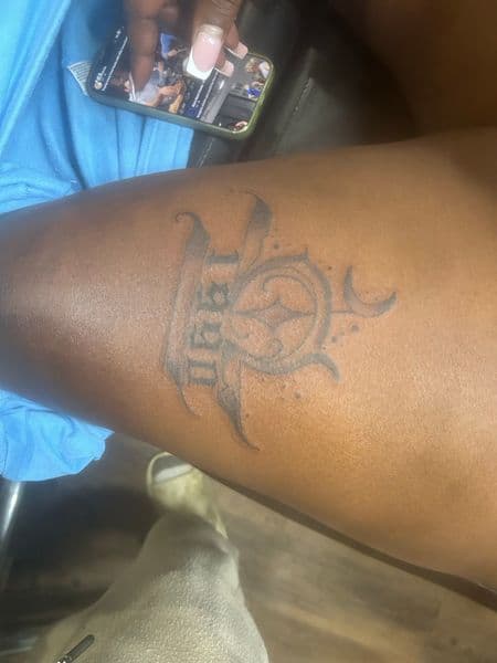 Lettering + Script numbers tattoo on Thigh by dna_arts on TattMe