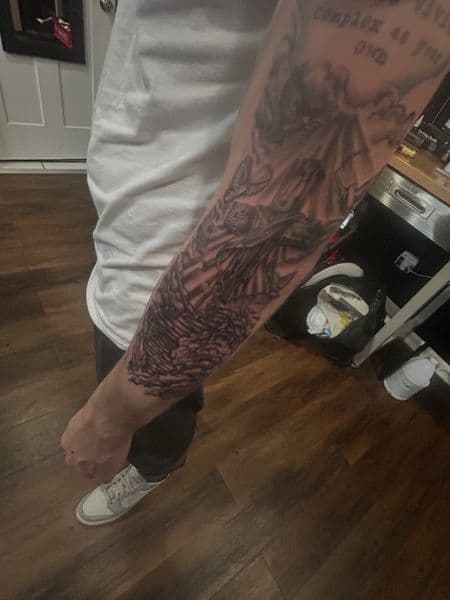 Black & Grey + Realism praying hands tattoo on Half Sleeve by dna_arts on TattMe