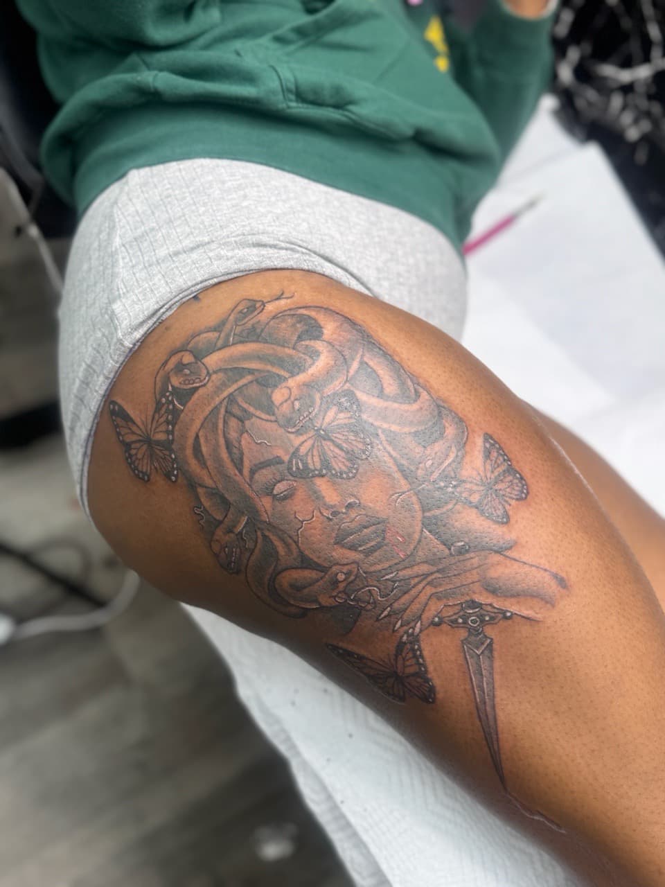 Black & Grey + Illustrative medusa tattoo on Thigh by RZ_ink on TattMe