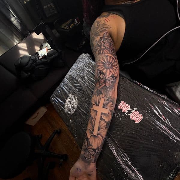 Black & Grey + Floral cross tattoo on Full Sleeve by RZ_ink on TattMe