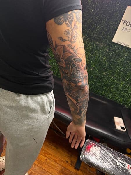 Black & Grey + Floral butterflies tattoo on Half Sleeve by RZ_ink on TattMe