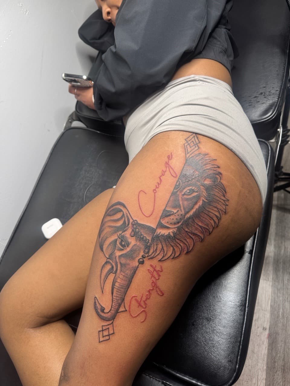 Black & Grey + Illustrative lion tattoo on Thigh by RZ_ink on TattMe