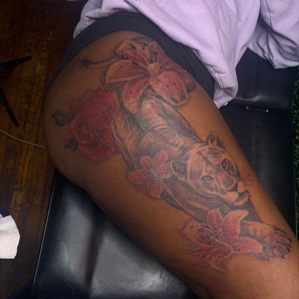 Black & Grey + Color lioness tattoo on Thigh by RZ_ink on TattMe
