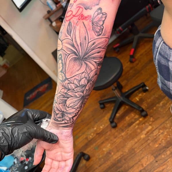 Black & Grey + Illustrative flowers tattoo on Forearm by RZ_ink on TattMe