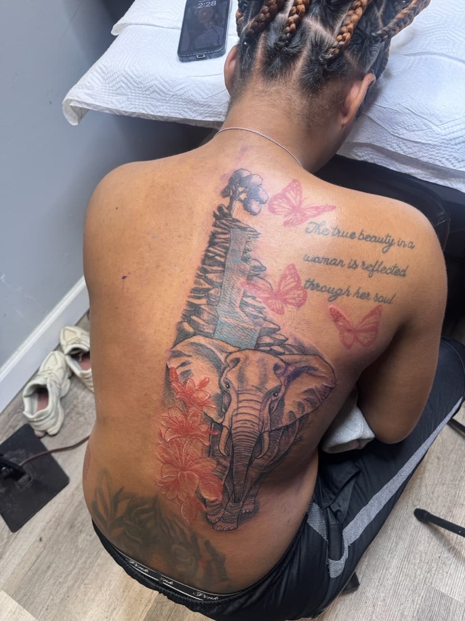 Black & Grey + Lettering elephant tattoo on Upper Back by RZ_ink on TattMe