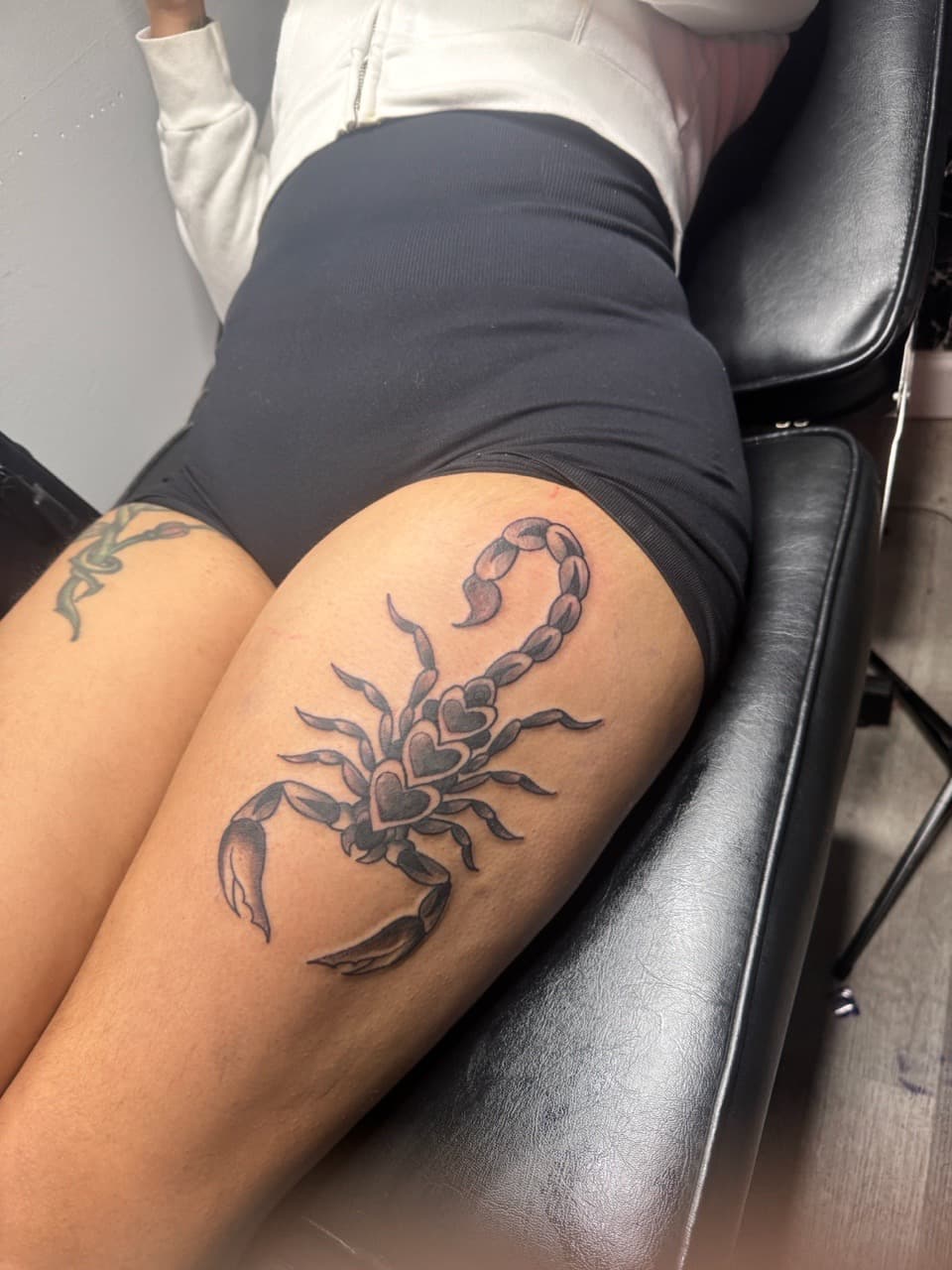 Black & Grey + Illustrative scorpion tattoo on Thigh by RZ_ink on TattMe
