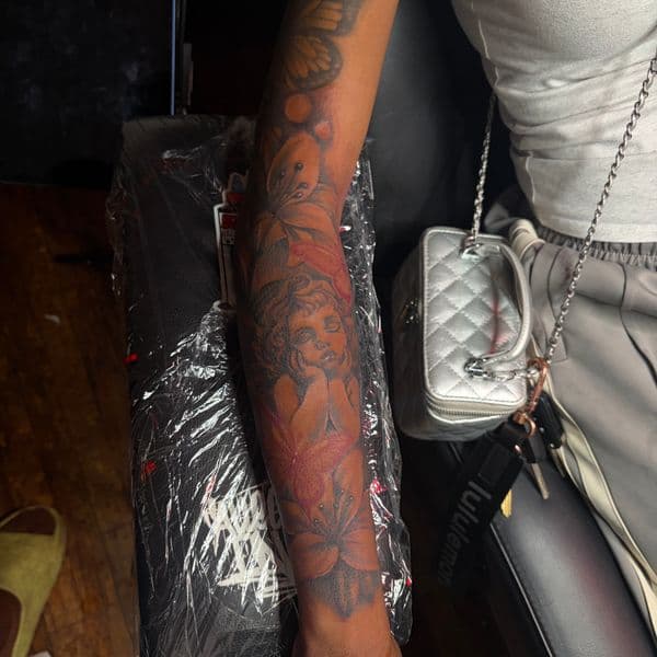 Illustrative + Black & Grey cherub tattoo on Half Sleeve by RZ_ink on TattMe