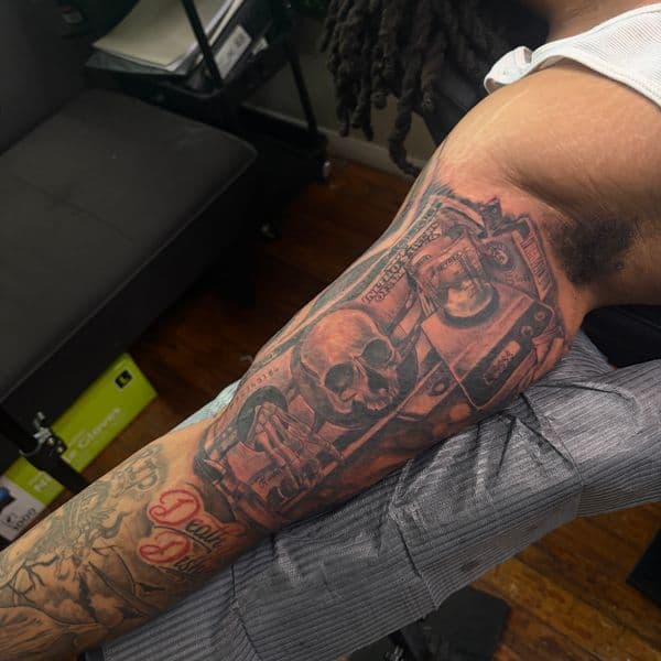 Black & Grey + Illustrative skull tattoo on Full Sleeve by RZ_ink on TattMe