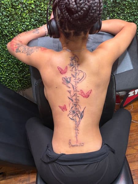 Fine Line + Illustrative flowers tattoo on Spine by RZ_ink on TattMe