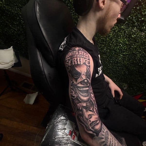 Black & Grey + Illustrative clown tattoo on Half Sleeve by RZ_ink on TattMe