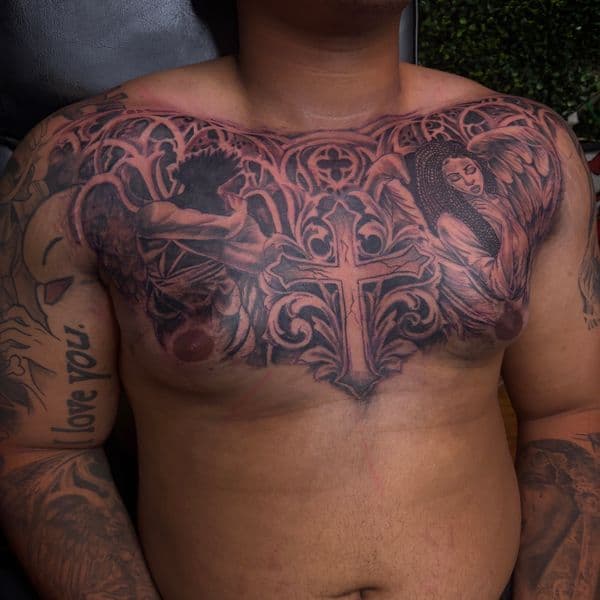 Black & Grey + Illustrative angels tattoo on Chest by RZ_ink on TattMe
