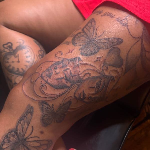 Black & Grey + Illustrative masks tattoo on Thigh by RZ_ink on TattMe
