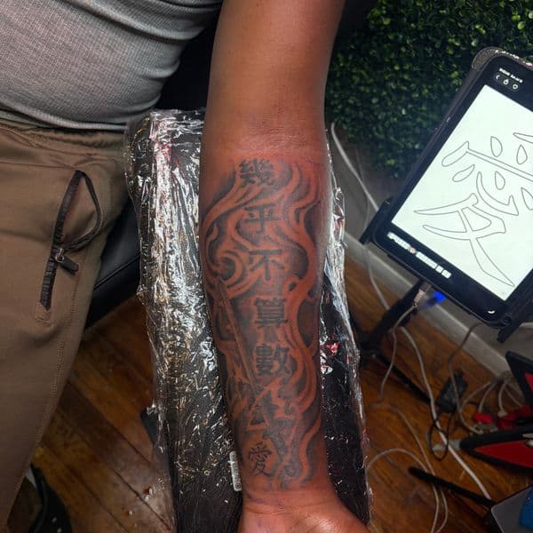 Black & Grey + Lettering kanji tattoo on Forearm by RZ_ink on TattMe