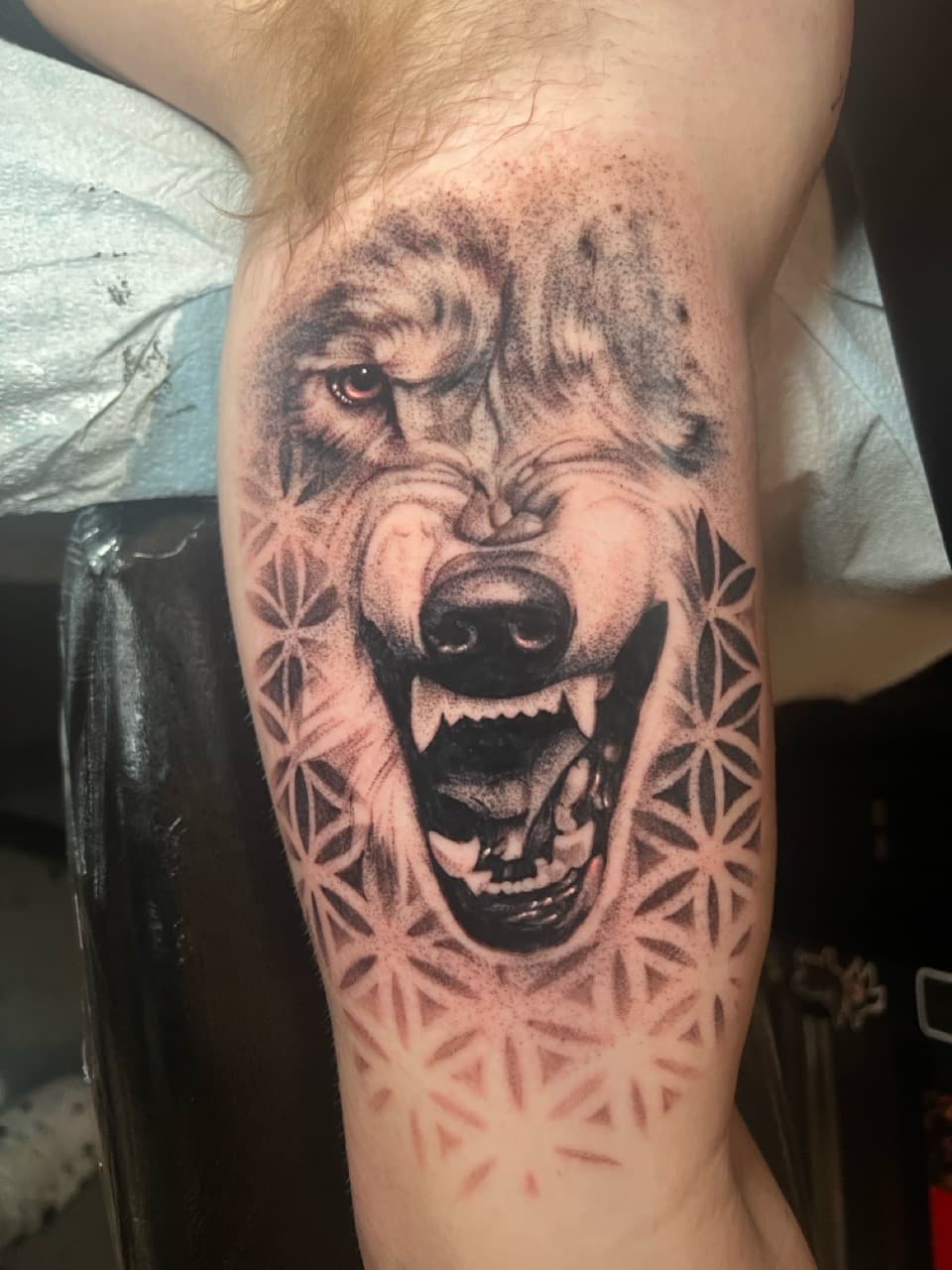 Black & Grey + Illustrative wolf tattoo on Upper Arm by Smokesart on TattMe