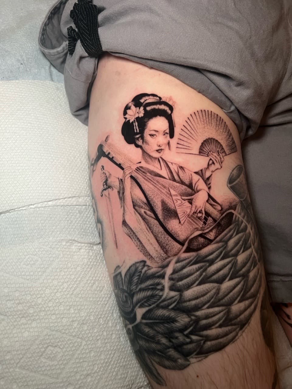 Black & Grey + Dot-work geisha tattoo on Thigh by Smokesart on TattMe