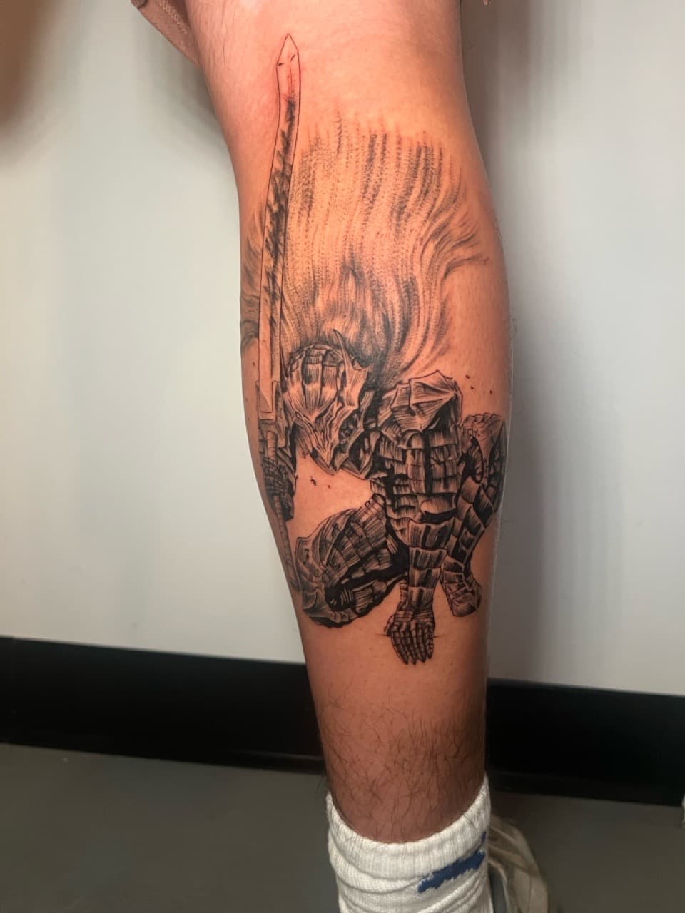 Black & Grey + Illustrative knight tattoo on Calf by Smokesart on TattMe