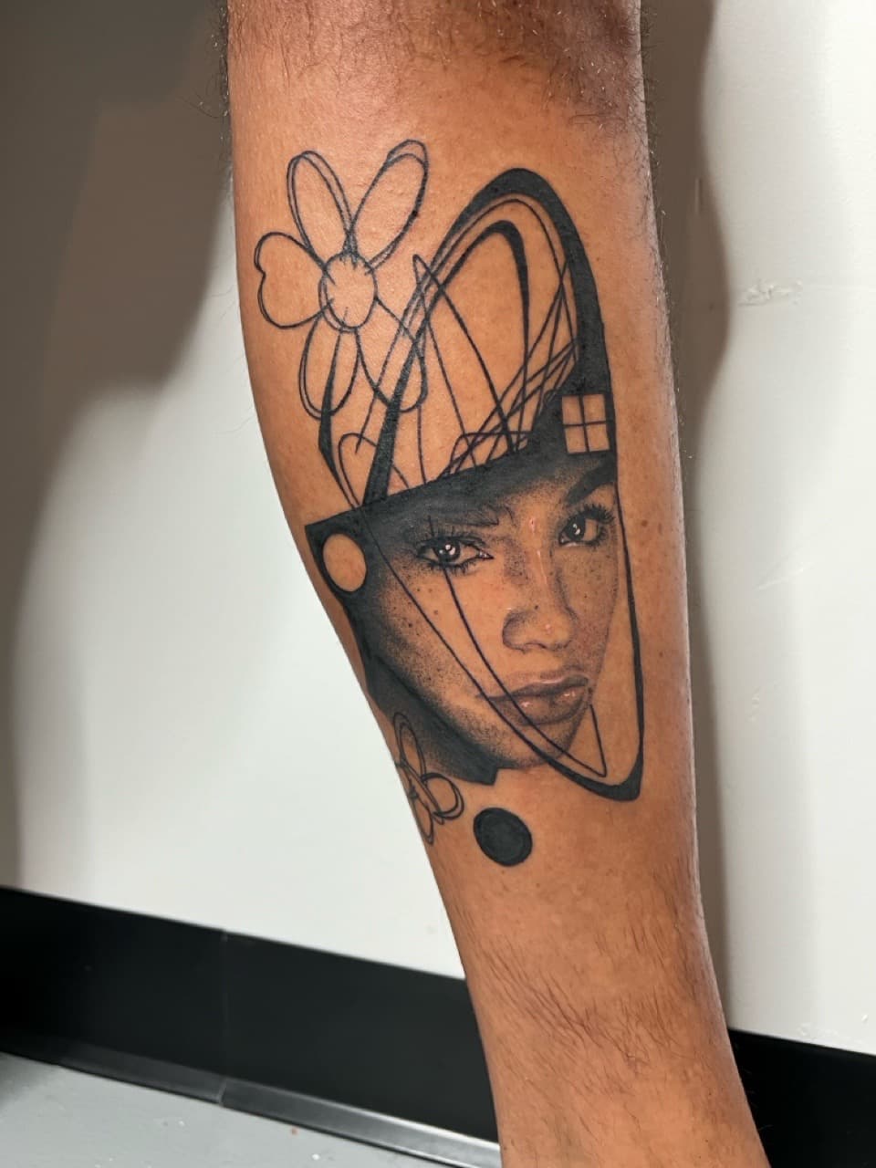 Illustrative + Black & Grey woman tattoo on Calf by Smokesart on TattMe