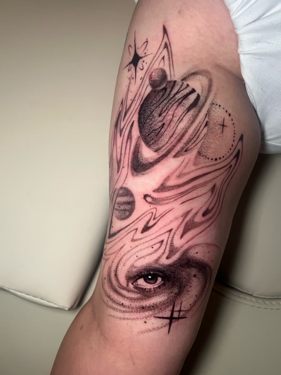 Dot-work + Black-work eye tattoo on Upper Arm by Smokesart on TattMe