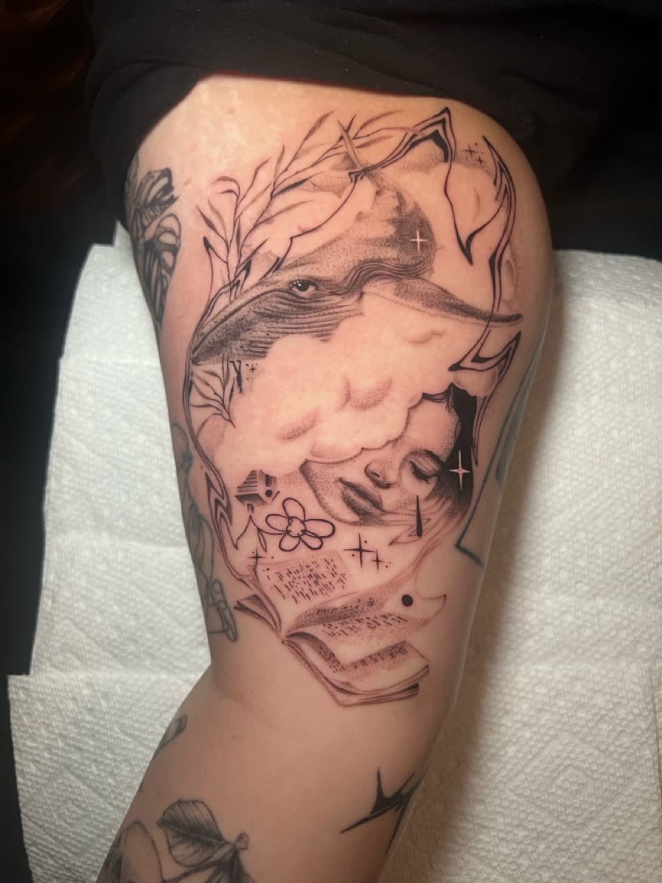Fine Line + Black & Grey whale tattoo on Thigh by Smokesart on TattMe