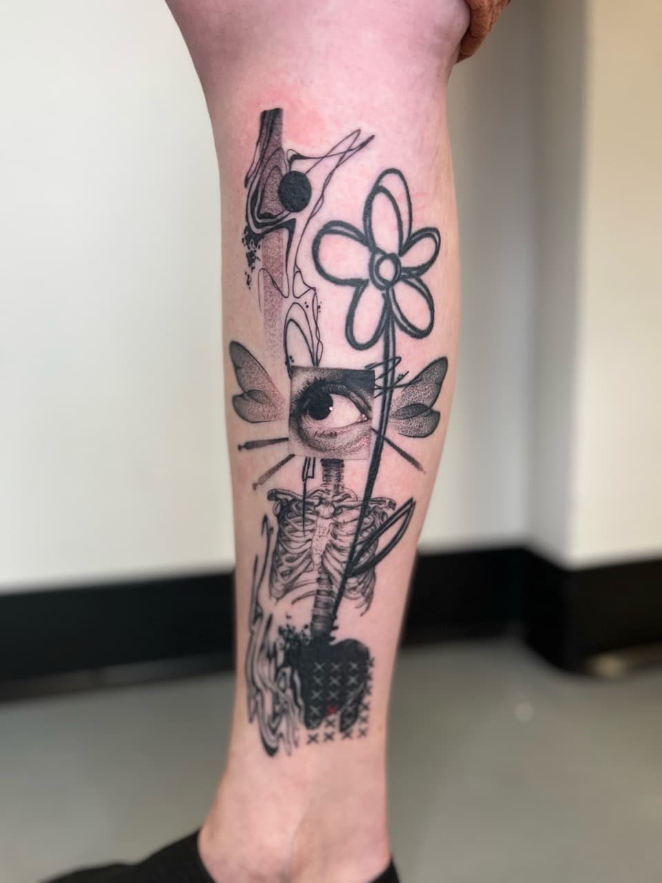 Black-work + Illustrative skeleton tattoo on Calf by Smokesart on TattMe