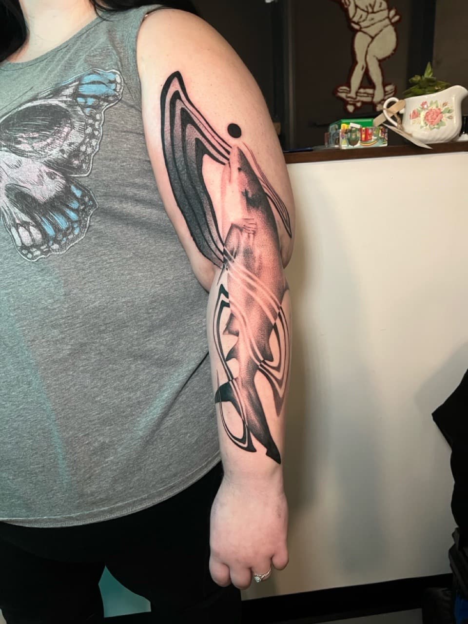 Black & Grey + Abstract abstracted figure tattoo on Full Sleeve by Smokesart on TattMe